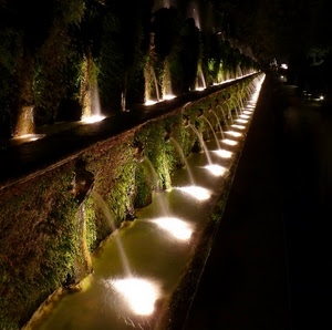fontana, luci, acqua, notte, verde, zampilli, notturno, fontane, nero, bianco, vasche, prospettiva, muschio, cannelle