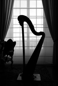 arpa, bianconero, musica, tenda, finestra, controluce, strumento, poltrona