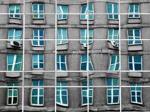 finestre, vetro, vetri, riflesso, palazzo, quadrati, blu, distorsione, specchi, condizionatori