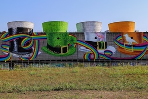 cappelli, murales, erba, verde, muro, ciminiere, colori, multicolore, quattro, murale, prato