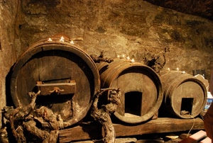 botti, cantina, legno, tre, cerchi, muro, candele, vino