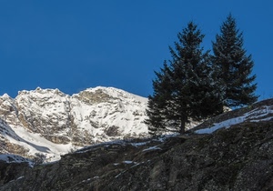 neve, alberi, montagna, cielo, montagne, azzurro, roccia, due