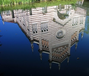 chiesa, riflesso, rosone, acqua, cielo, fiume, duomo, verde, blu