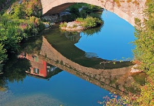 ponte, riflesso, acqua, fiume, casa, verde, arco
