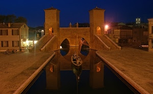 ponte, barca, riflesso, notte, acqua, luci, canale, notturno