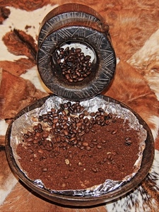 chicchi, caffè, marrone, polvere, piatto, ciotola, macinato, alluminio, vaso
