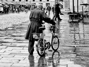 bicicletta, pioggia, uomo, bianconero, impermeabile, persone, bagnato, passanti, riflesso