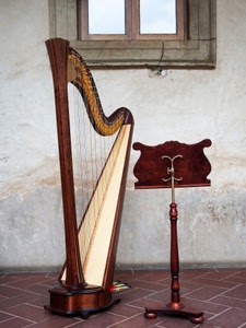 leggio, arpa, musica, finestra, strumento, corde, legno, strumenti
