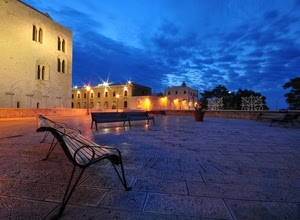 piazza, panchine, nuvole, luci, panchina, lampioni, cielo, blu, notturno