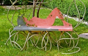 panchina, donna, prato, rosa, siepe, verde, erba, ferro, tubo, giardino, sagoma