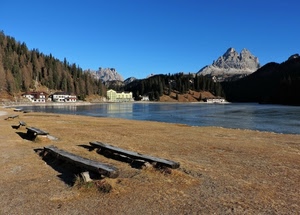 panchine, lago, montagna, alberi, acqua, montagne, cielo