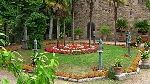 vasi, fiori, alberi, aiuola, giardino, foglie, statue, palme, verde, piante, rami, muro, porta, aiuole