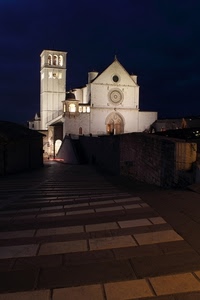 chiesa, campanile, basilica, luce, notte, strada, rosone, facciata, assisi, notturno