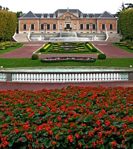 fiori, aiuole, giardino, villa, rosso, palazzo, balaustra, erba, castello, verde, finestre, fontana
