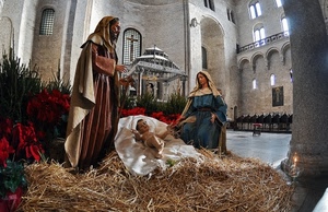presepe, paglia, statue, chiesa, madonna, bambino, giuseppe, croce, natività
