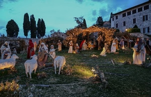 presepe, pecore, alberi, statue, capanna, madonna