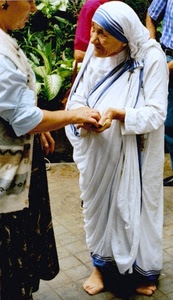 mani, suora, teresa, bianco, azzurro, madre, scalza, piedi, donne, piante, verde, calcutta, sari, carità, persone, velo, santa, foglie, due