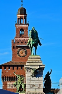 orologio, torre, monumento, statue, cielo, garibaldi, statua, cupola, cavallo, castello, campanile, bronzo, azzurro, giuseppe, sculture, sforzesco, milano, merli