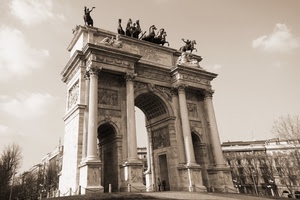 arco, cavalli, colonne, statue, alberi, milano, bianconero, pace, seppia, monumento