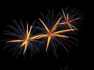 fuochi, artificio, giallo, blu, notte, stelle, artificiali, tre, nero, sparo, luce