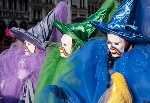 maschere, carnevale, cappelli, verde, viola, tre, colori, blu, giallo, tulle, azzurro, bianco, veli, streghe, costumi