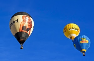 mongolfiere, cielo, donna, tre, azzurro, palloni, colori, giallo, blu, pubblicità, volo, volare