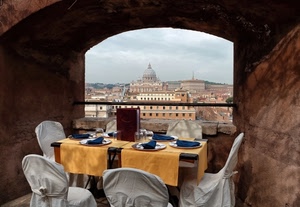 sedie, tavolo, cupola, panorama, roma, piatti, finestra, scorcio, tavolino, ristorante