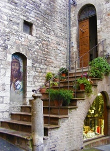 scala, porta, murales, gradini, portone, piante, scale, vetrina, ringhiera, finestra, vasi, affresco