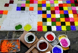 colori, quadrati, rosso, giallo, verde, arancione, piatti, petali, fiori, blu, rosa, nero, ciotole, bianco, tappeto, multicolore