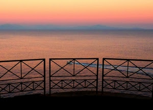 tramonto, mare, barca, ringhiera, scia, rosso, motoscafo, acqua, cielo, rosa, terrazza, riflesso, riflessi, imbarcazione