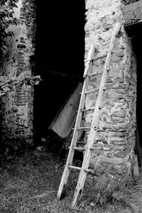 scala, bianconero, pioli, legno, mattoni, abbandono, pietre, colonna, muro