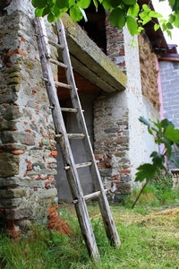 scala, legno, pioli, erba, foglie, muro, casa, verde, fienile, cascina
