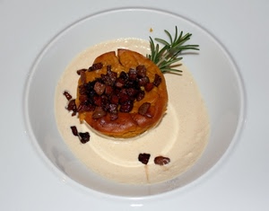 piatto, cibo, rosmarino, bianco, pancetta, salsa, tortino, crema, dolce