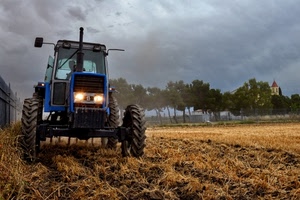 trattore, alberi, nuvole, campo, ruote, cielo, campagna, paglia, agricoltura, luci, terra, verde, campanile, fari, stoppie, giallo, blu