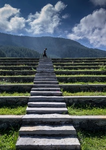 nuvole, montagna, gradini, scalinata, passante, uomo, erba, scala, scalini, scale, verde, pietra, salita, cielo