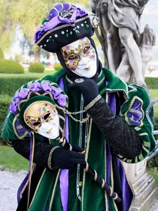 verde, maschere, carnevale, viola, cappello, statua, maschera, guanti, costume