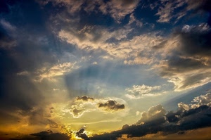 nuvole, cielo, raggi, sole, tramonto, azzurro, luce, giallo, bianco, controluce, nero